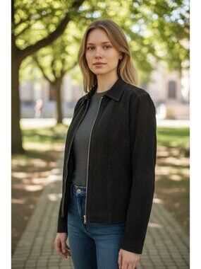 NEW Sonoma Genuine Suede Leather Jacket Womens S Black Long Sleeve Zip Moto Coat